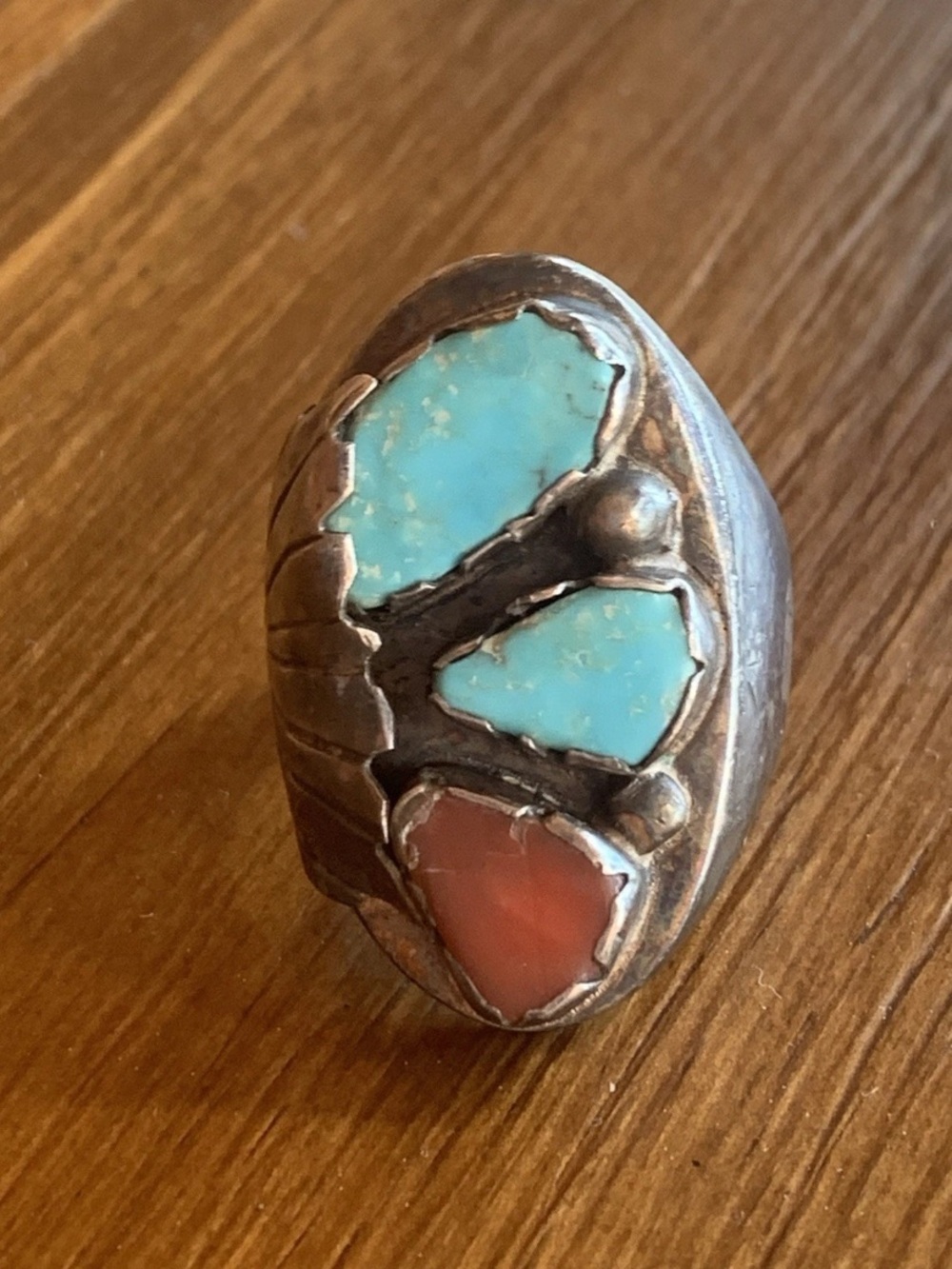 Vintage, heavy Turquoise & Coral Ring